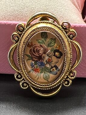 Gold-Tone Floral Cameo Brooch with Hand-Painted Bouquet